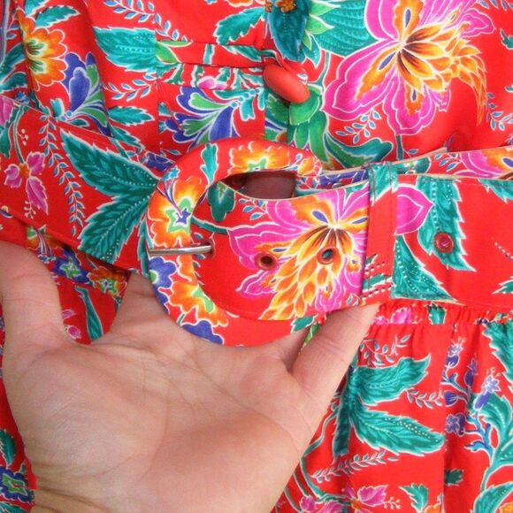NORM THOMPSON Dress, Vintage 20, Red, Floral print, Matching Belt, Buttons - Picture 2 of 14